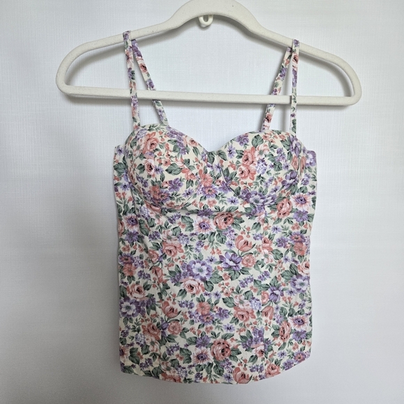 FLORAL PRINT CORSET BUSTIER Y2K 90'S STRAPS ZIPPER BACK PINK PURPLE GREEN (XS) - Picture 1 of 9
